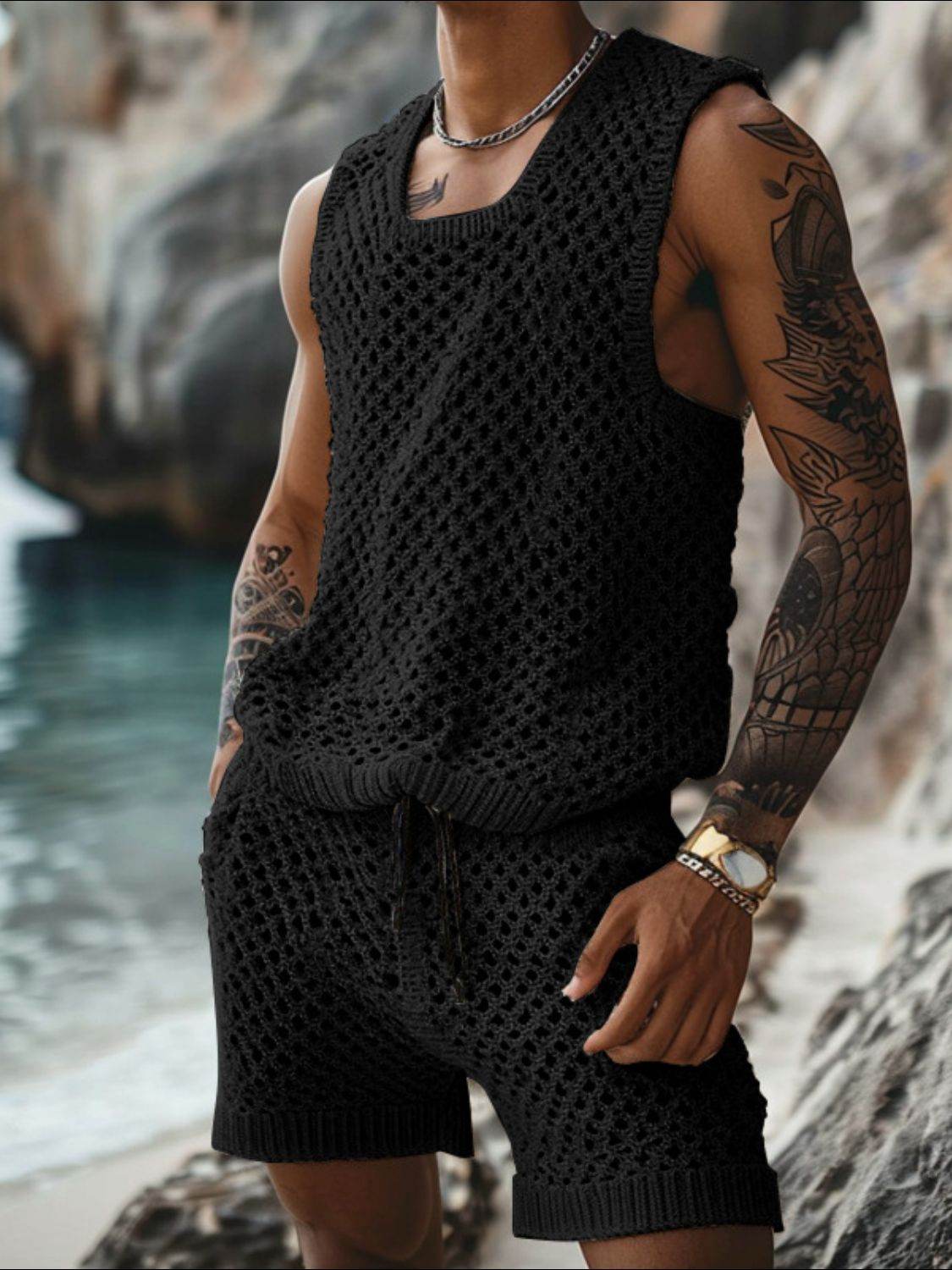 Hollow Out Round Neck Tank and Shorts Set - Purcell's Clothing Company
