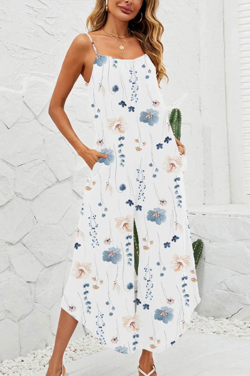 Shiny Printed Scoop Neck Wide Leg Jumpsuit - Purcell's Clothing Company