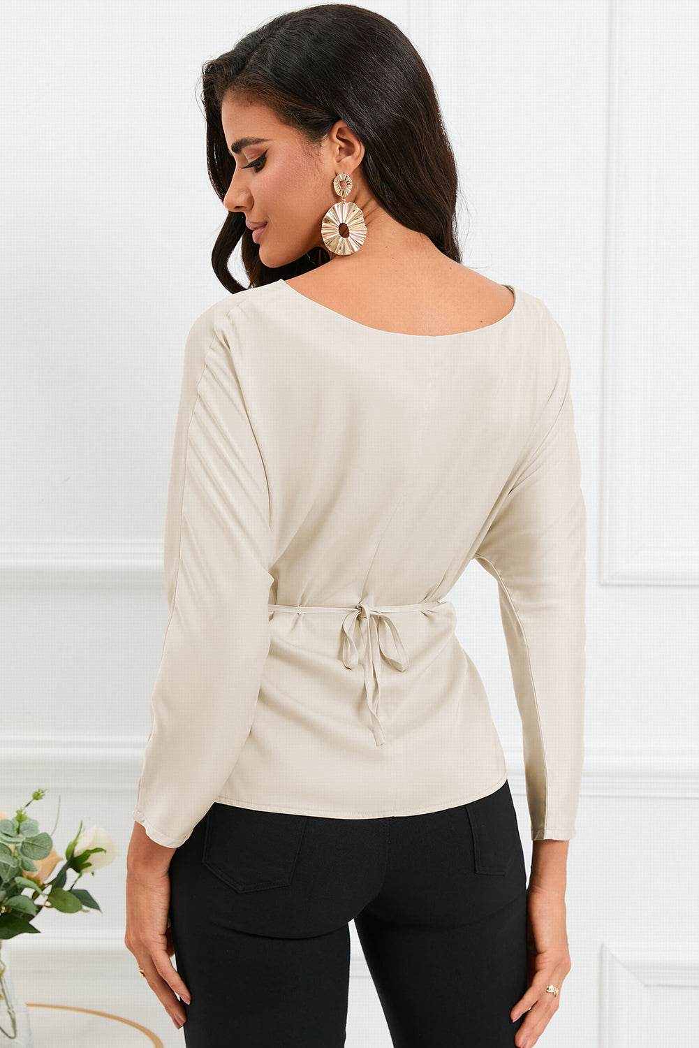 Boat Neck Back Tie Long Sleeve Satin Blouse - Purcell's Clothing Company