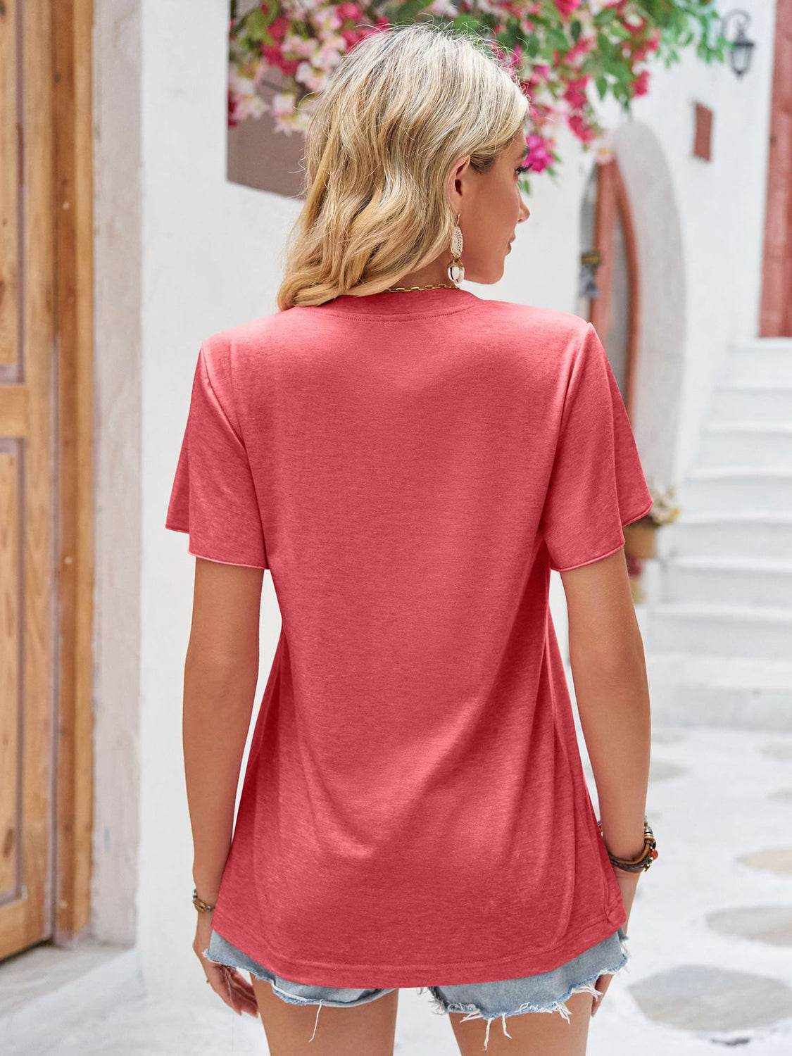 Double Take Ruched V-Neck Short Sleeve T-Shirt - Purcell's Clothing Company
