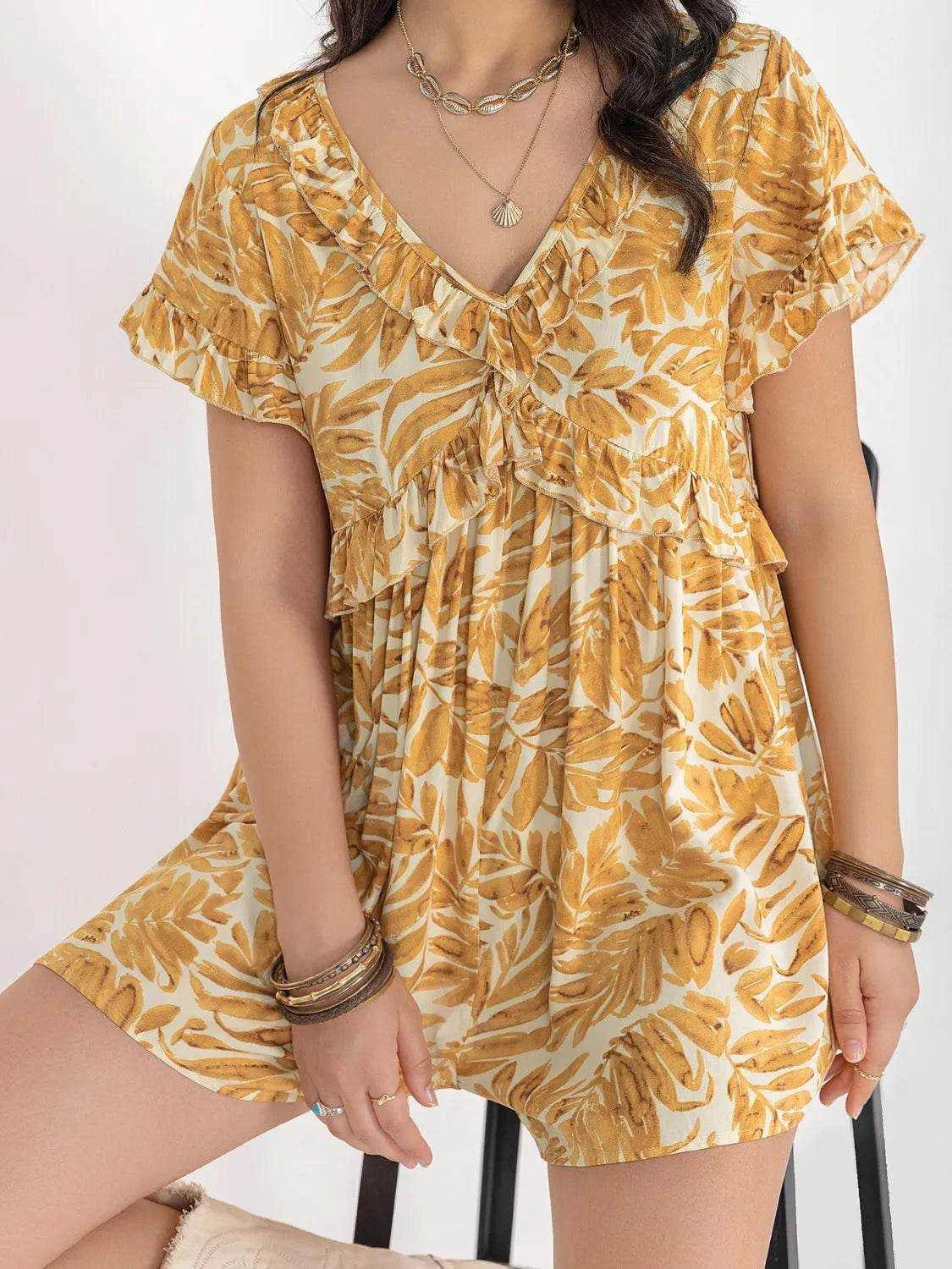 Printed V-Neck Short Sleeve Romper - Purcell's Clothing Company