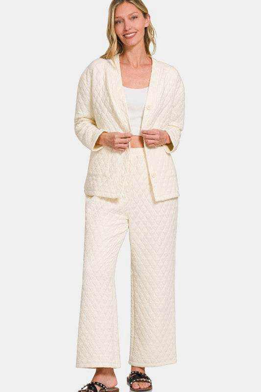 Zenana Quilted Button Up Long Sleeve Top and Pants Lounge Set - Purcell's Clothing Company