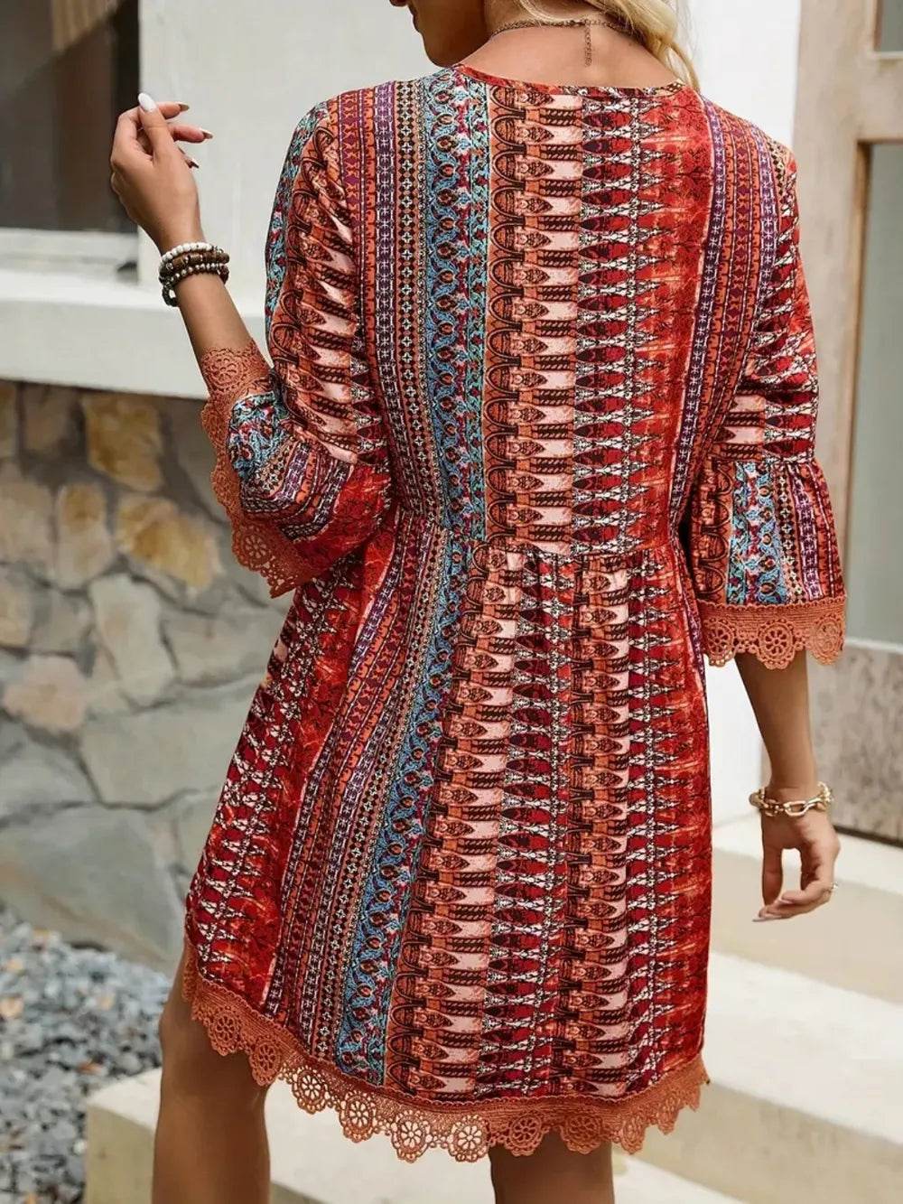 Lace Trim Printed V-Neck 3/4 Sleeve Dress - Purcell's Clothing Company