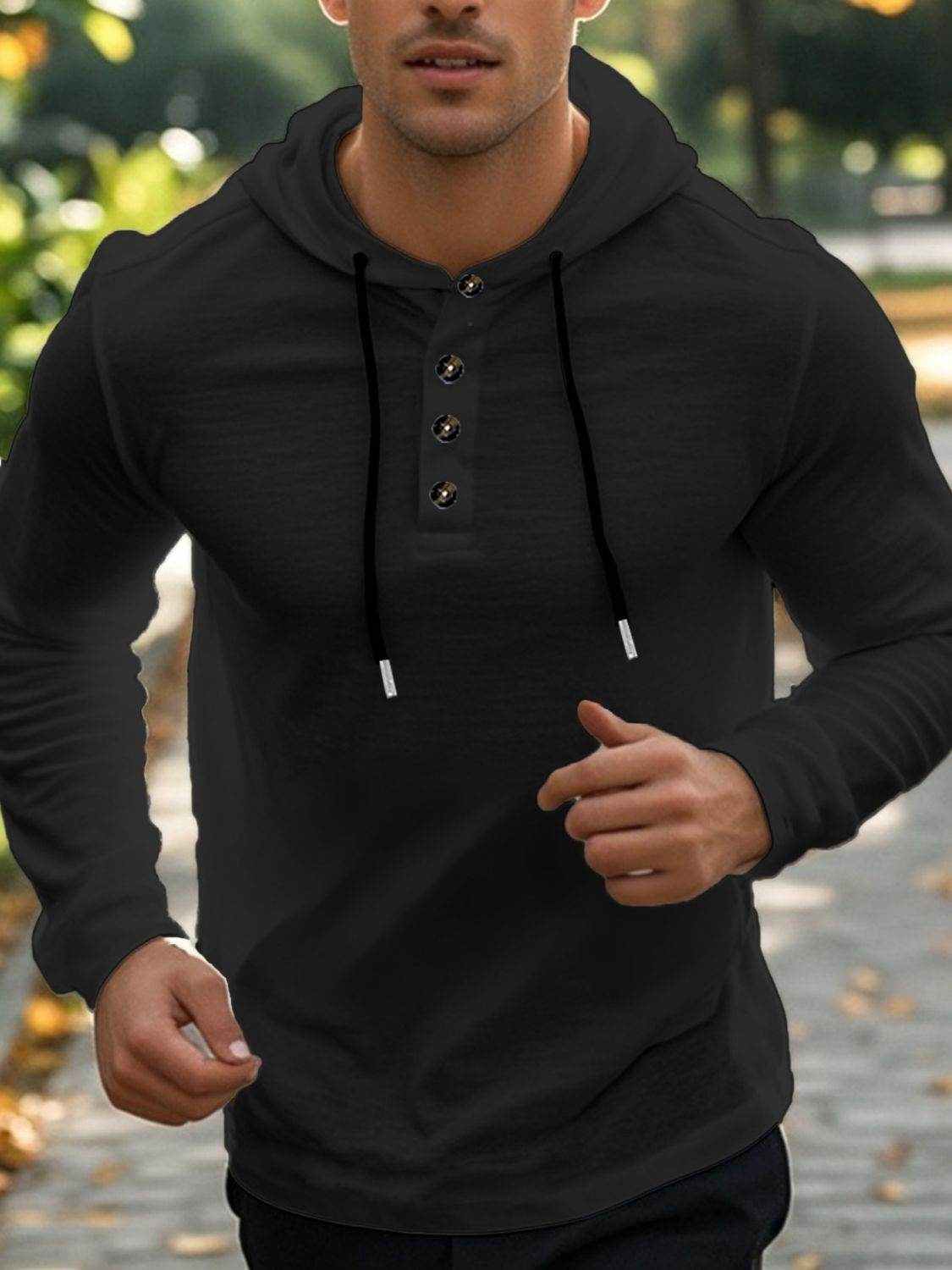 Men's Full Size Drawstring Button Detail Long Sleeve Hoodie Plus Size - Purcell's Clothing Company