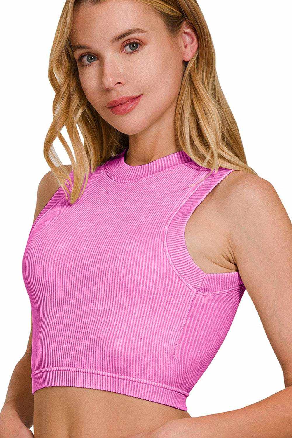 Zenana Washed Ribbed Seamless Crop Tank with Bra Pad - Purcell's Clothing Company