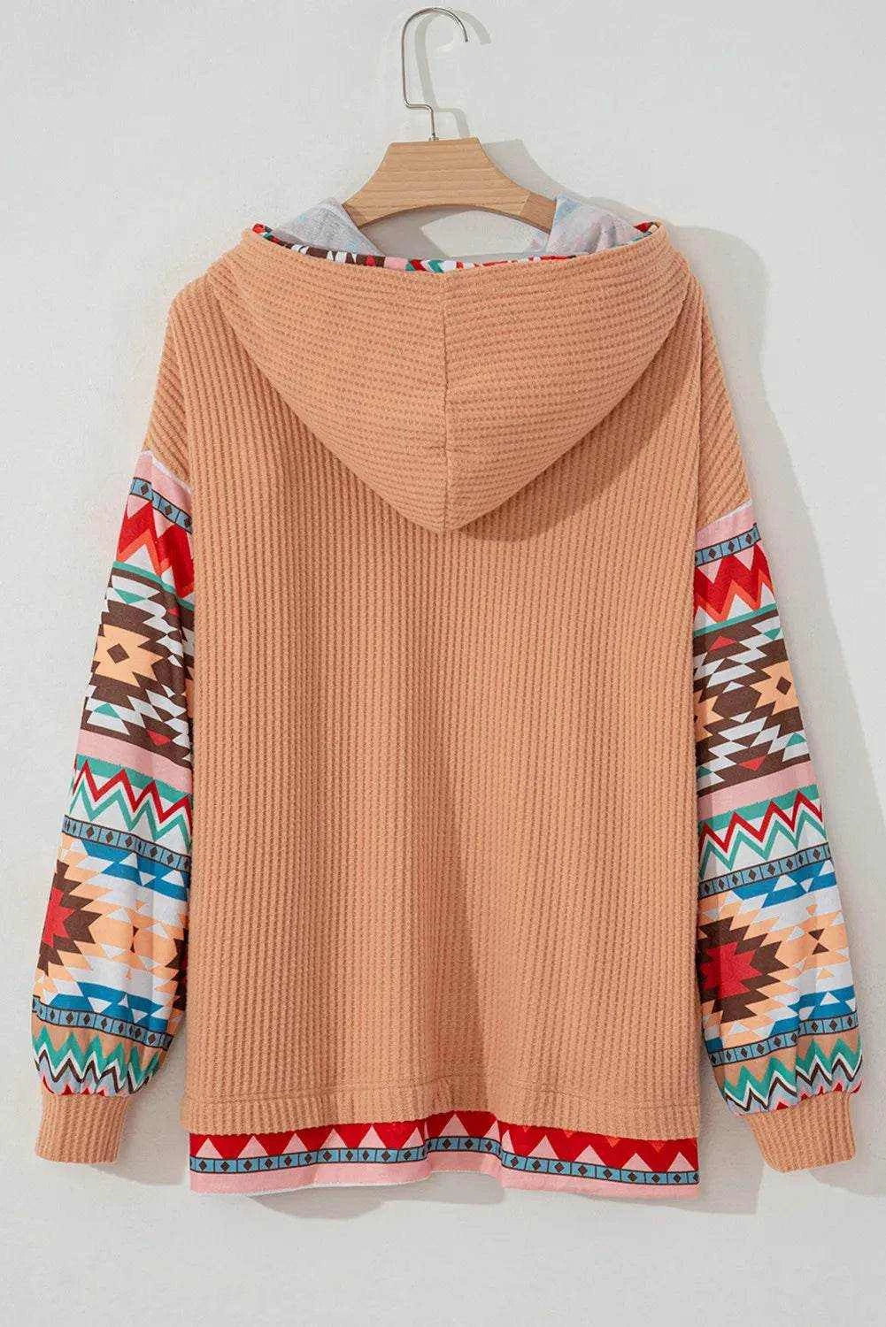 Plus Size Drawstring Geometric Long Sleeve Hoodie - Purcell's Clothing Company