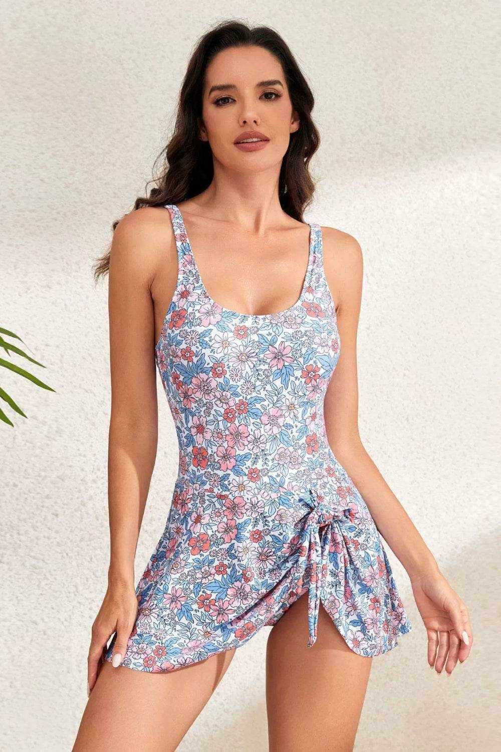 Drawstring Scoop Neck Wide Strap One-Piece Swimwear - Purcell's Clothing Company