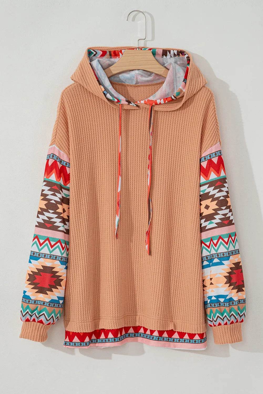 Plus Size Drawstring Geometric Long Sleeve Hoodie - Purcell's Clothing Company