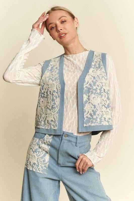 Davi & Dani Lace Patch Open Front Denim Vest - Purcell's Clothing Company