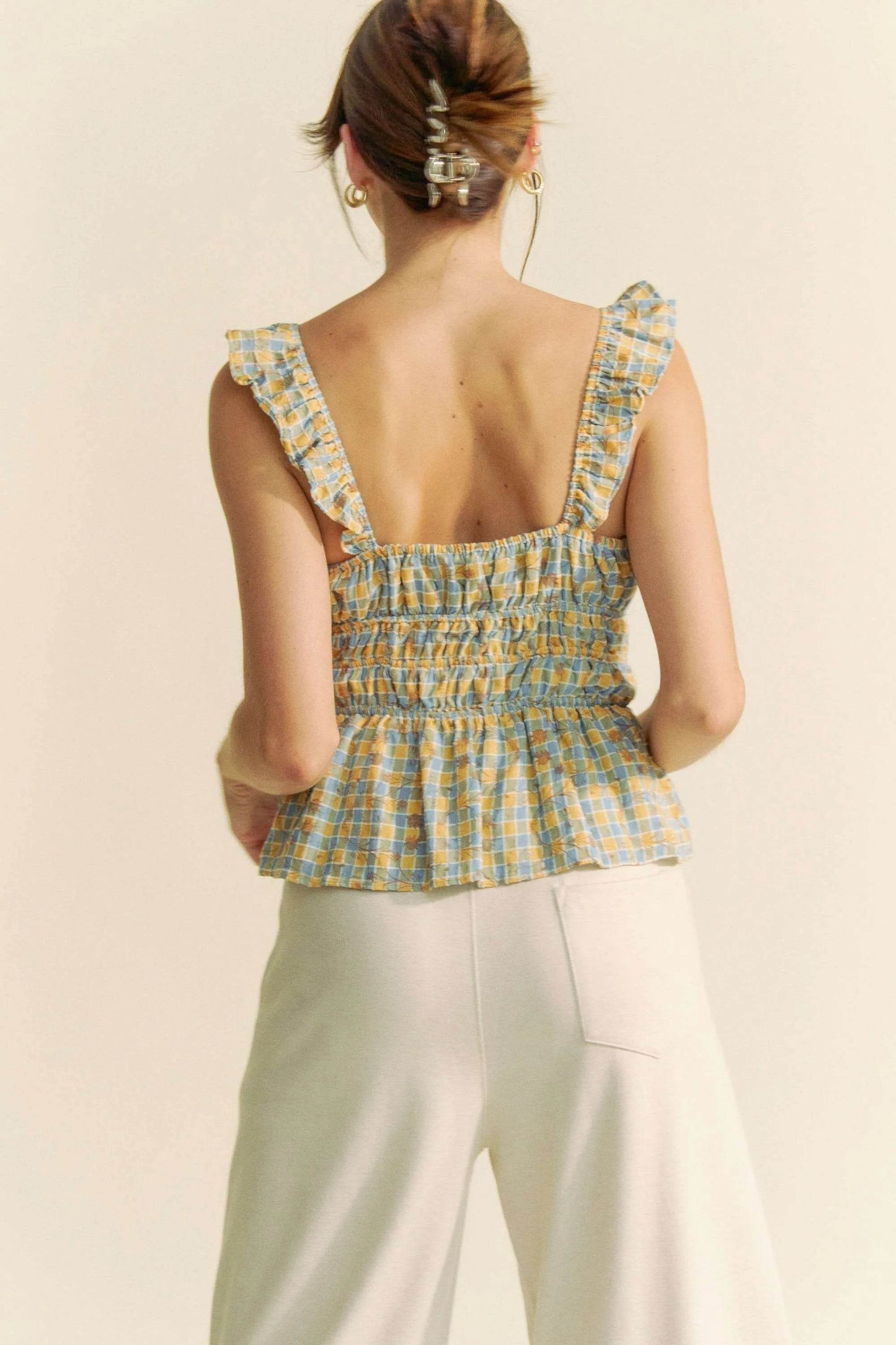 Davi & Dani Plaid Ruffled Strap Smocked Sleeveless Top - Purcell's Clothing Company