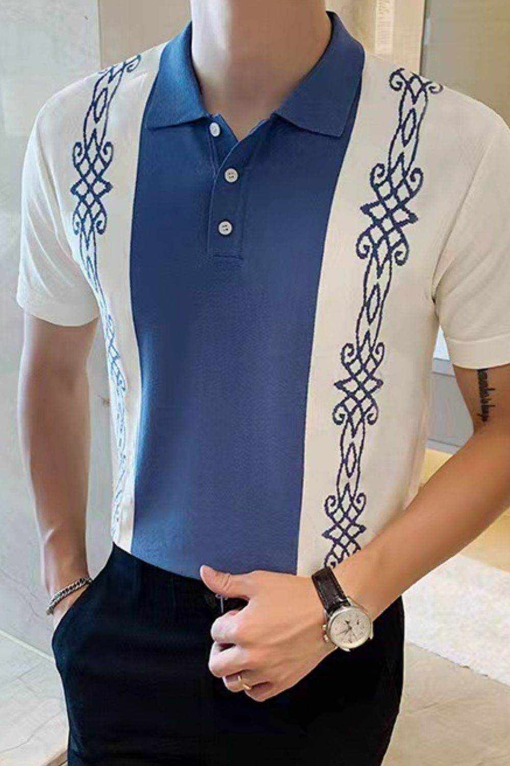 Blue Pattern Button Polo - Purcell's Clothing Company
