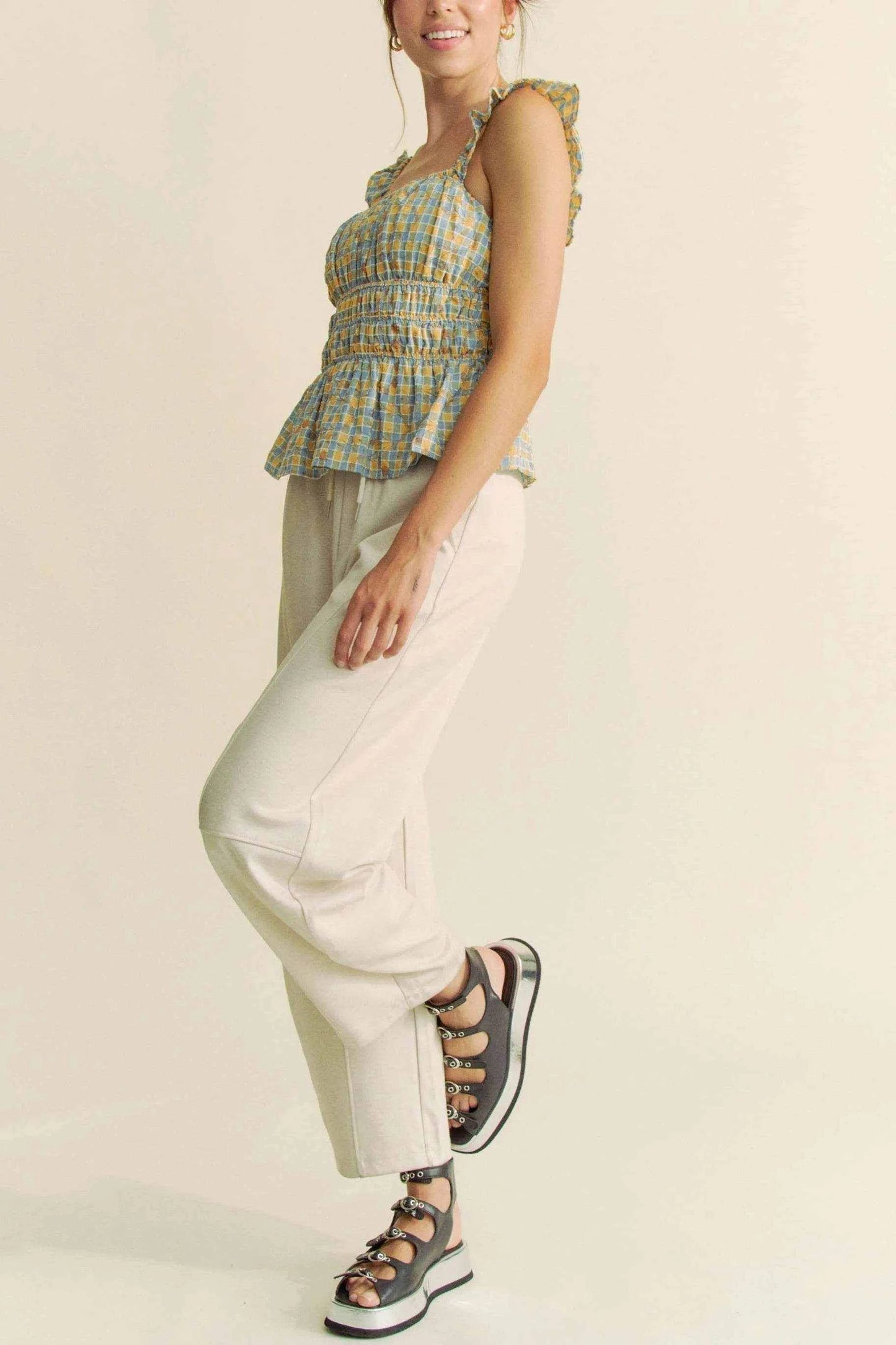 Davi & Dani Plaid Ruffled Strap Smocked Sleeveless Top - Purcell's Clothing Company