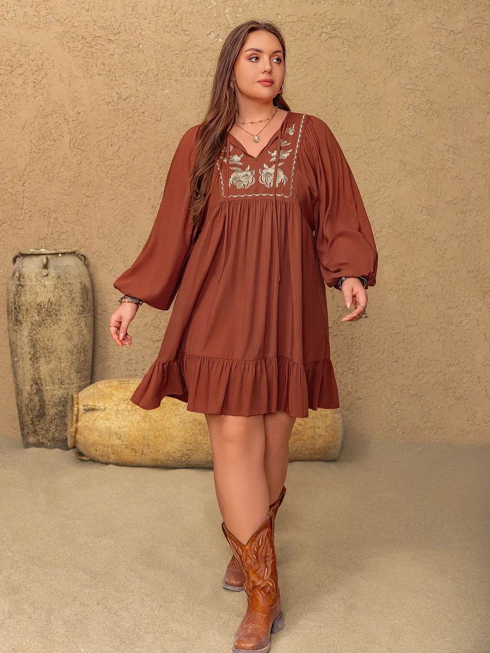 Plus Size Embroidered Tie Neck Balloon Sleeve Mini Dress - Purcell's Clothing Company