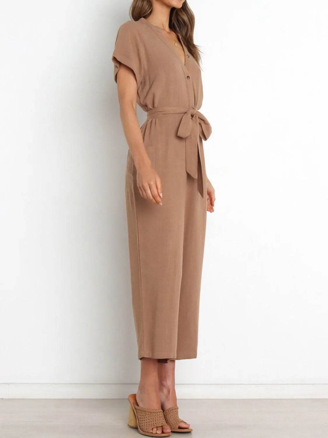 Notched Short Sleeve Tie Waist Jumpsuit - Purcell's Clothing Company