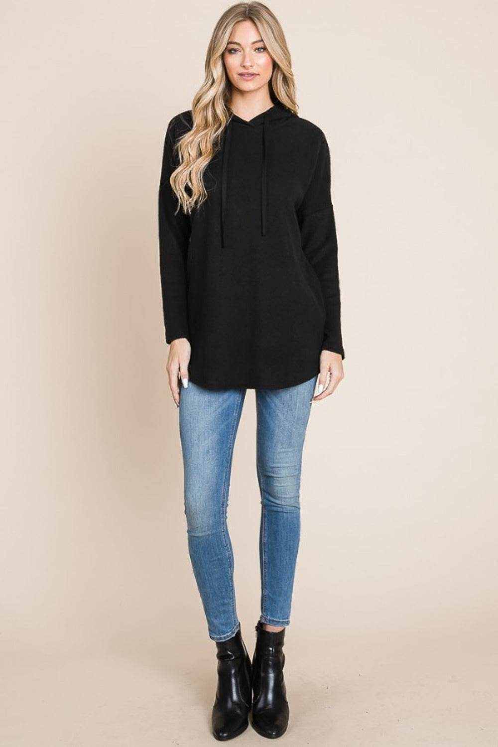 BOMBOM Contrast Drawstring Drop Shoulder Knit Hoodie - Purcell's Clothing Company