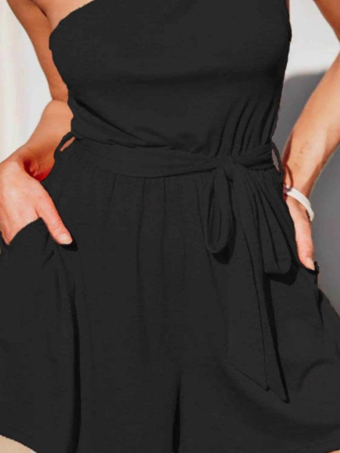 Single Shoulder Tie Waist Romper - Purcell's Clothing Company