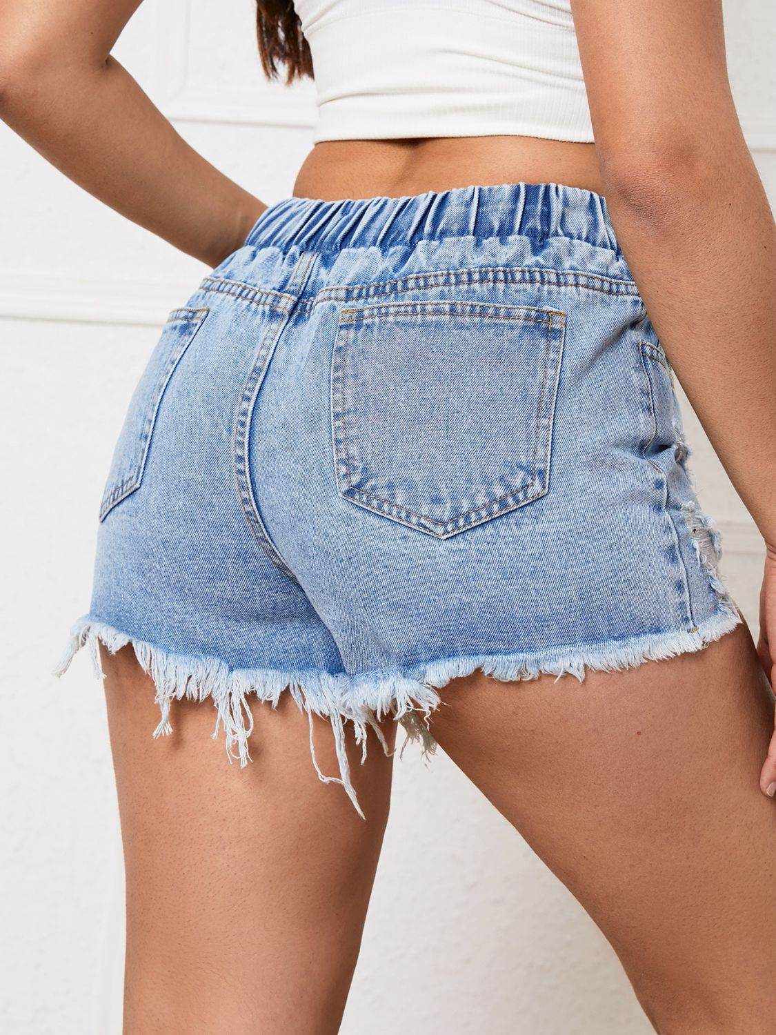 Distressed Drawstring Raw Hem Denim Shorts - Purcell's Clothing Company