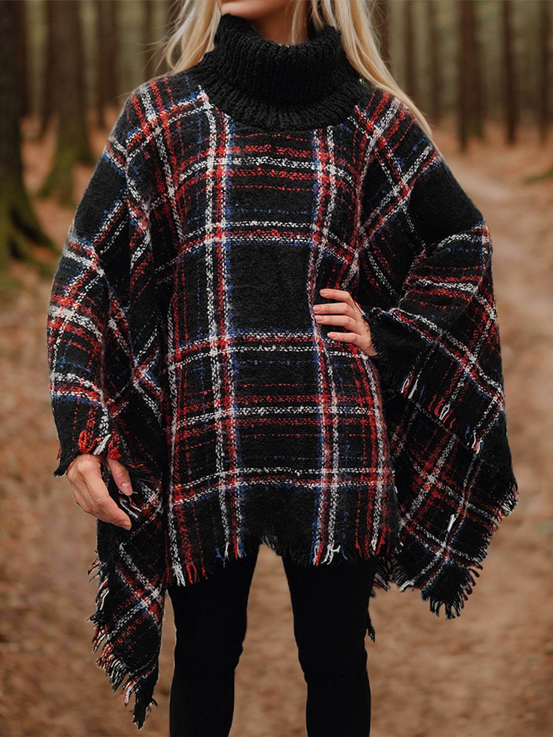 Shiny Turtleneck Plaid Raw Hem Sweater - Purcell's Clothing Company