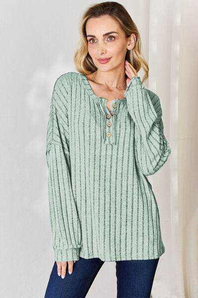 Basic Bae Full Size Ribbed Half Button Long Sleeve T-Shirt - Purcell's Clothing Company