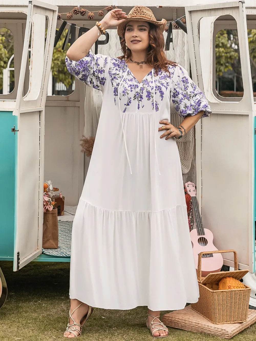 Plus Size Printed Tie Neck Half Sleeve Maxi Dress - Purcell's Clothing Company