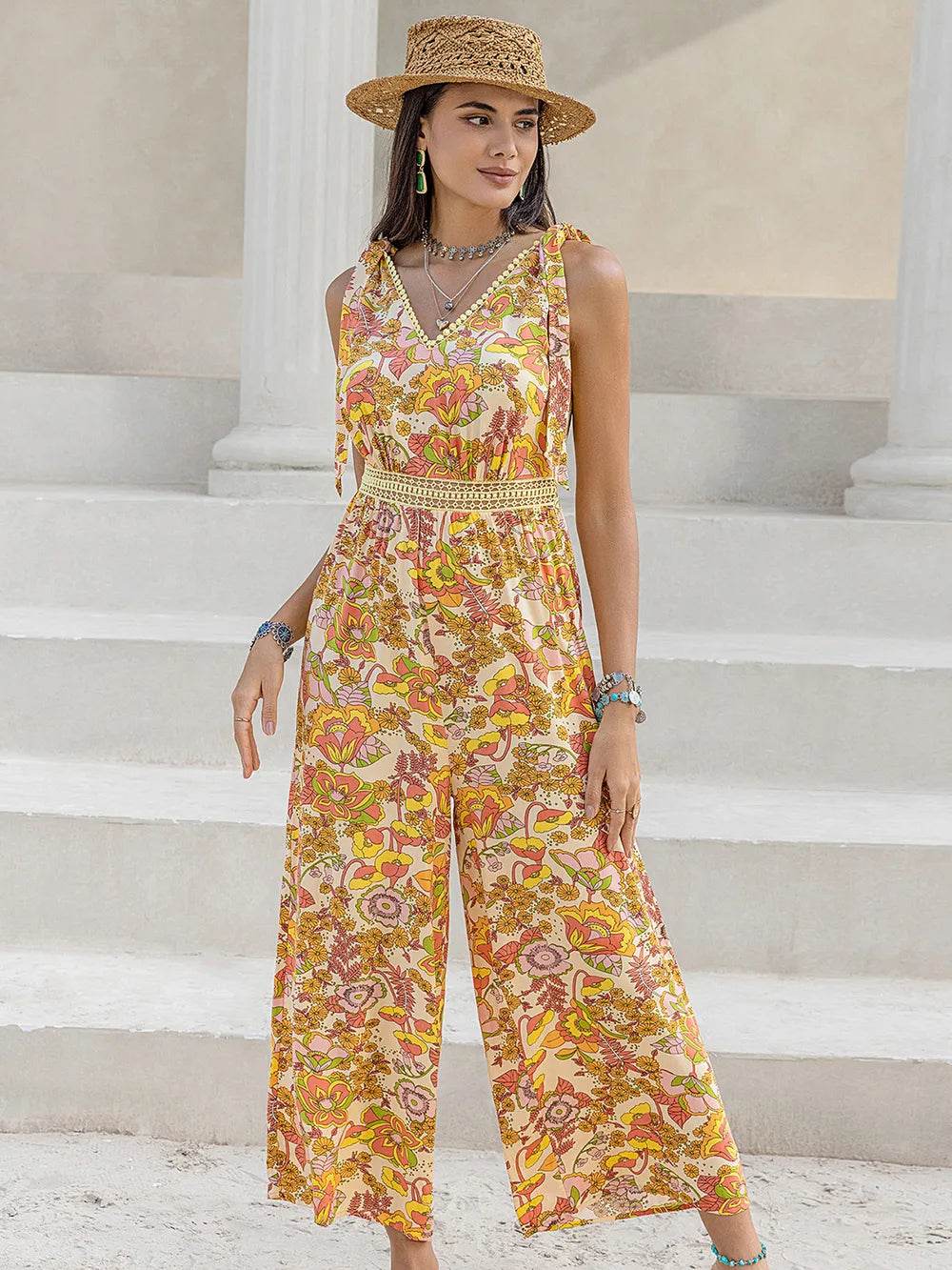 Printed V-Neck Tie Shoulder Jumpsuit - Purcell's Clothing Company