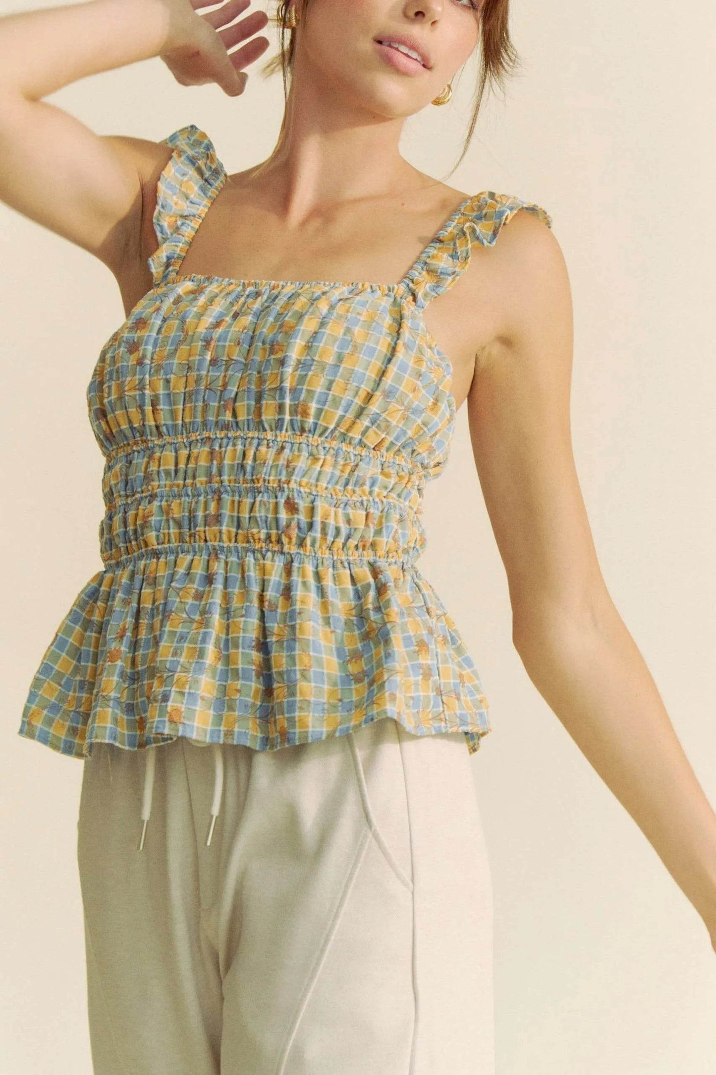 Davi & Dani Plaid Ruffled Strap Smocked Sleeveless Top - Purcell's Clothing Company