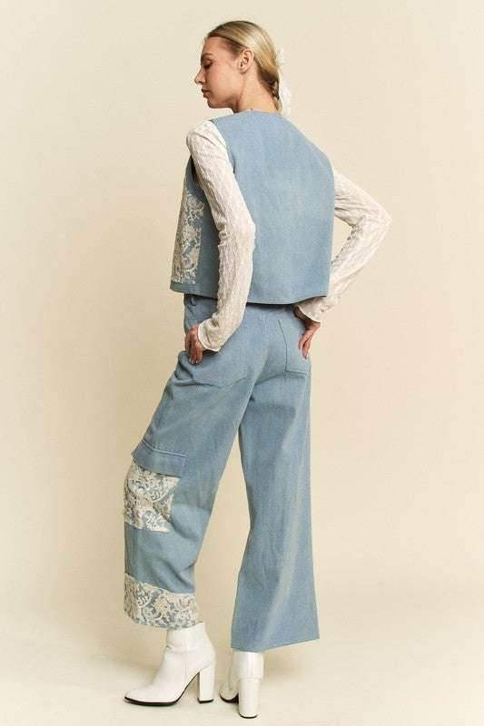 Davi & Dani Lace Patch Open Front Denim Vest - Purcell's Clothing Company