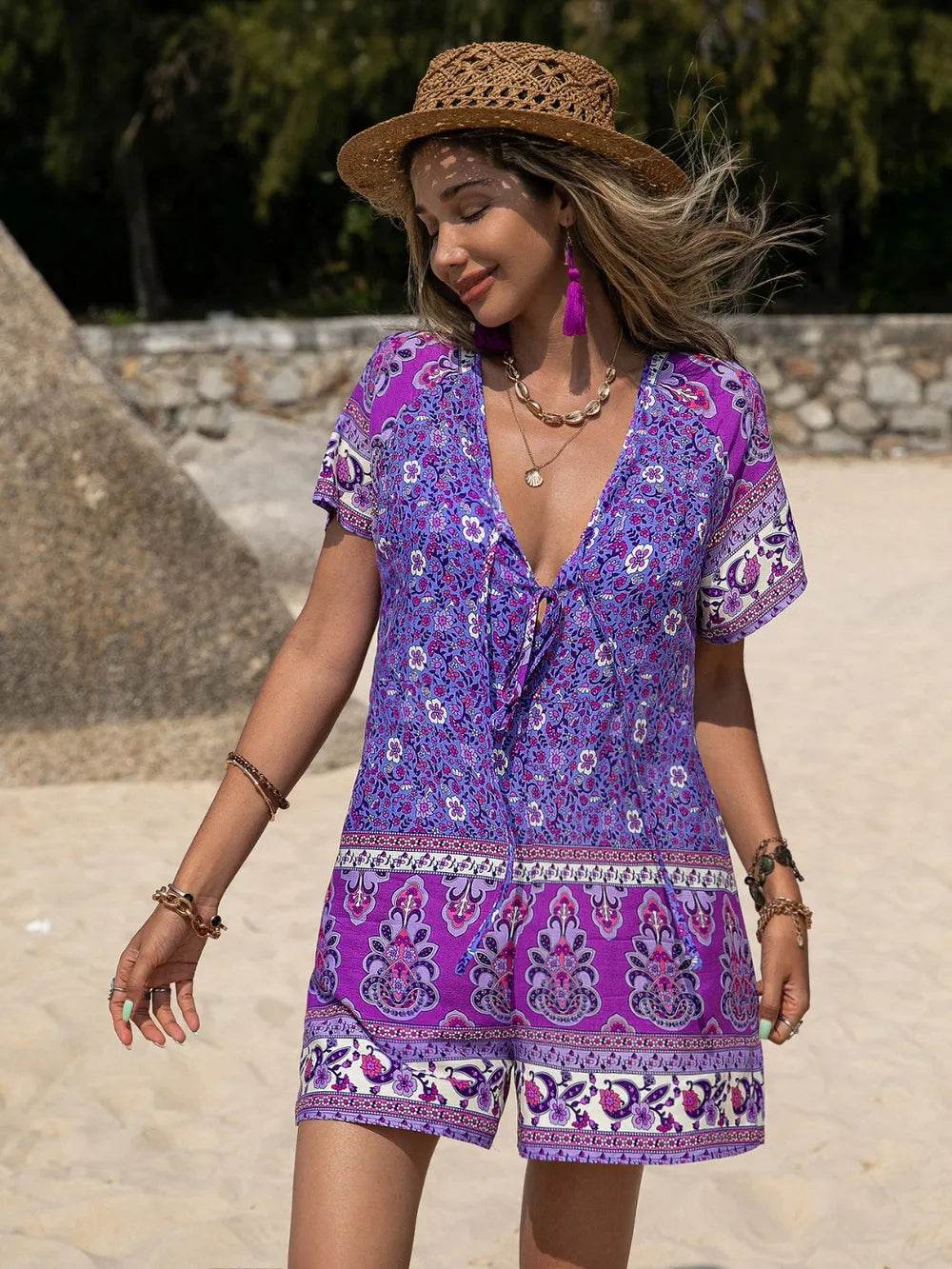 Tied Printed Short Sleeve Romper - Purcell's Clothing Company