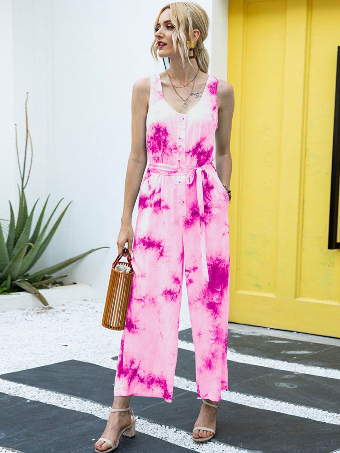 Ivy Lane Tie-Dye Tie Waist Sleeveless Jumpsuit - Purcell's Clothing Company