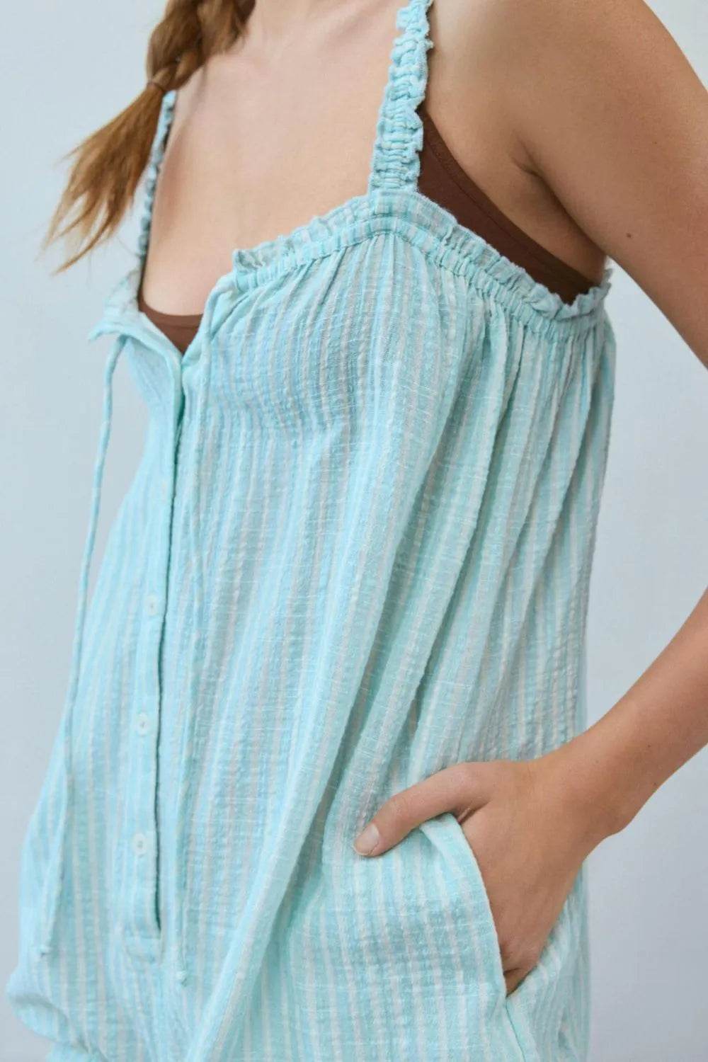 Drawstring Printed Button Front Romper - Purcell's Clothing Company