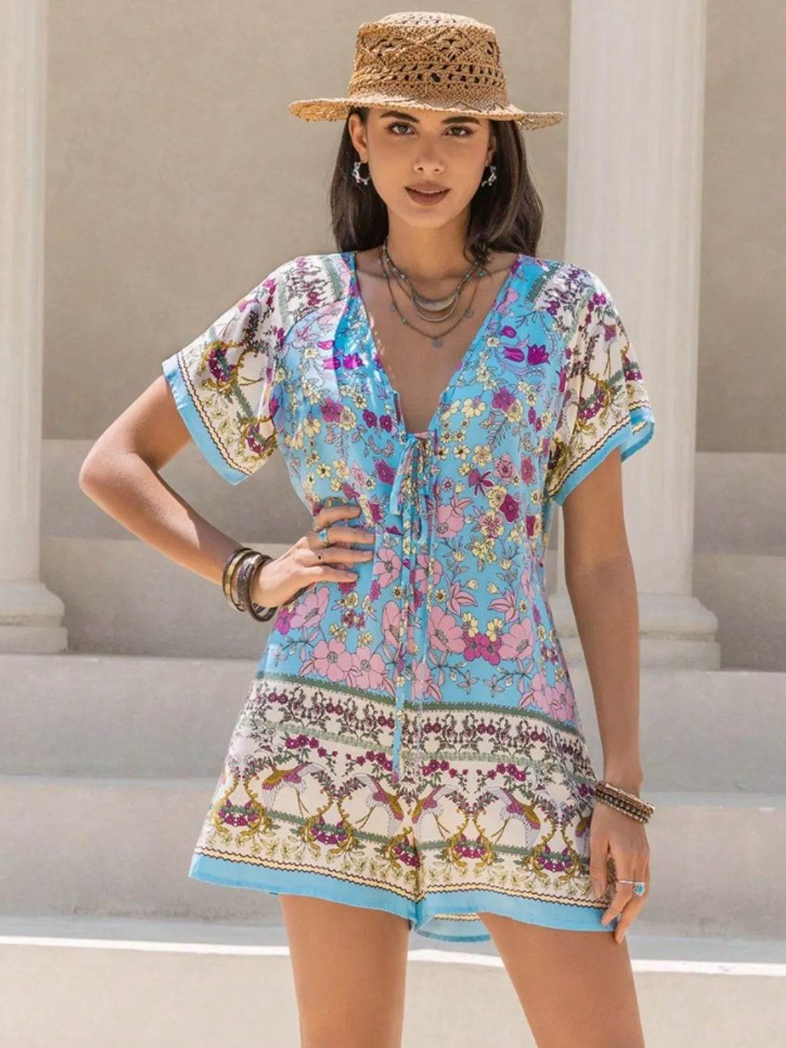 Tied Front Printed Short Sleeve Romper - Purcell's Clothing Company