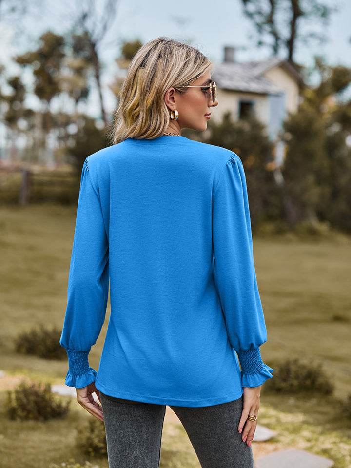 Notched Neck Flounce Sleeve Blouse - Purcell's Clothing Company