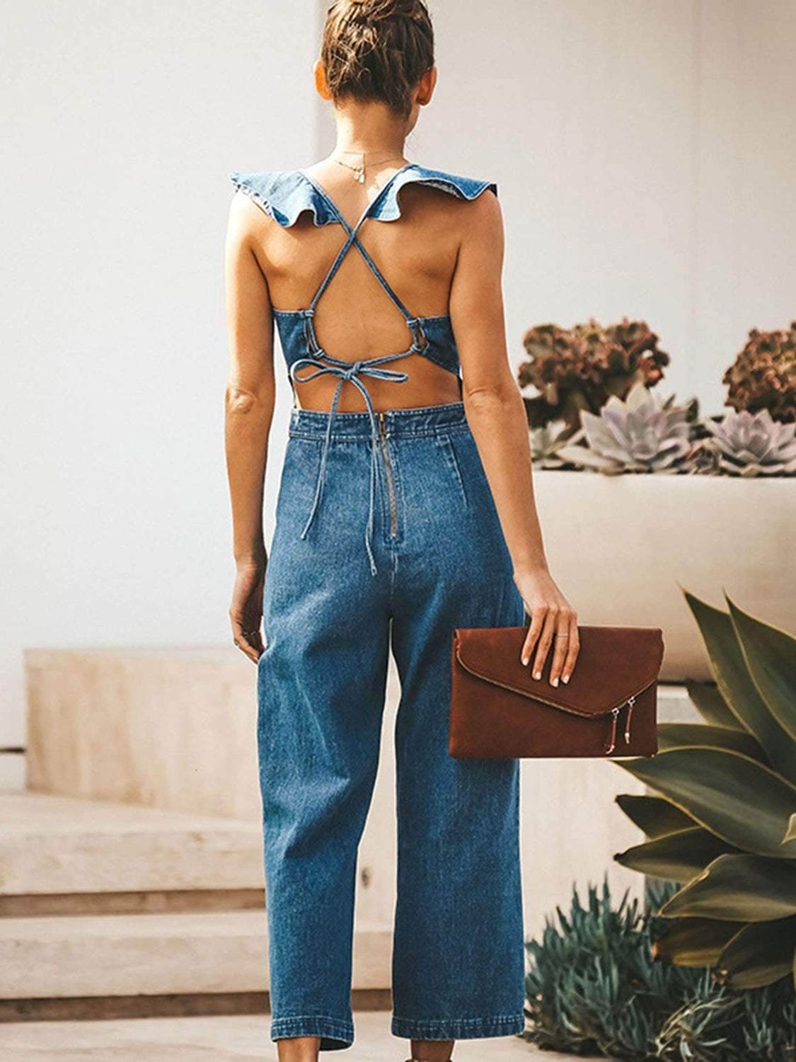 Ruffled Backless Sleeveless Denim Jumpsuit - Purcell's Clothing Company