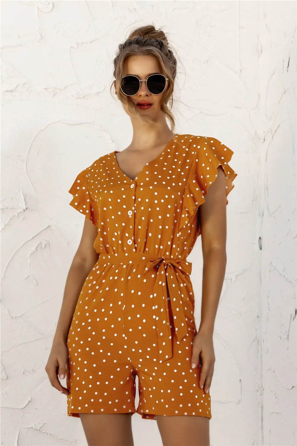 Ruffled Polka Dot Half Button Romper - Purcell's Clothing Company