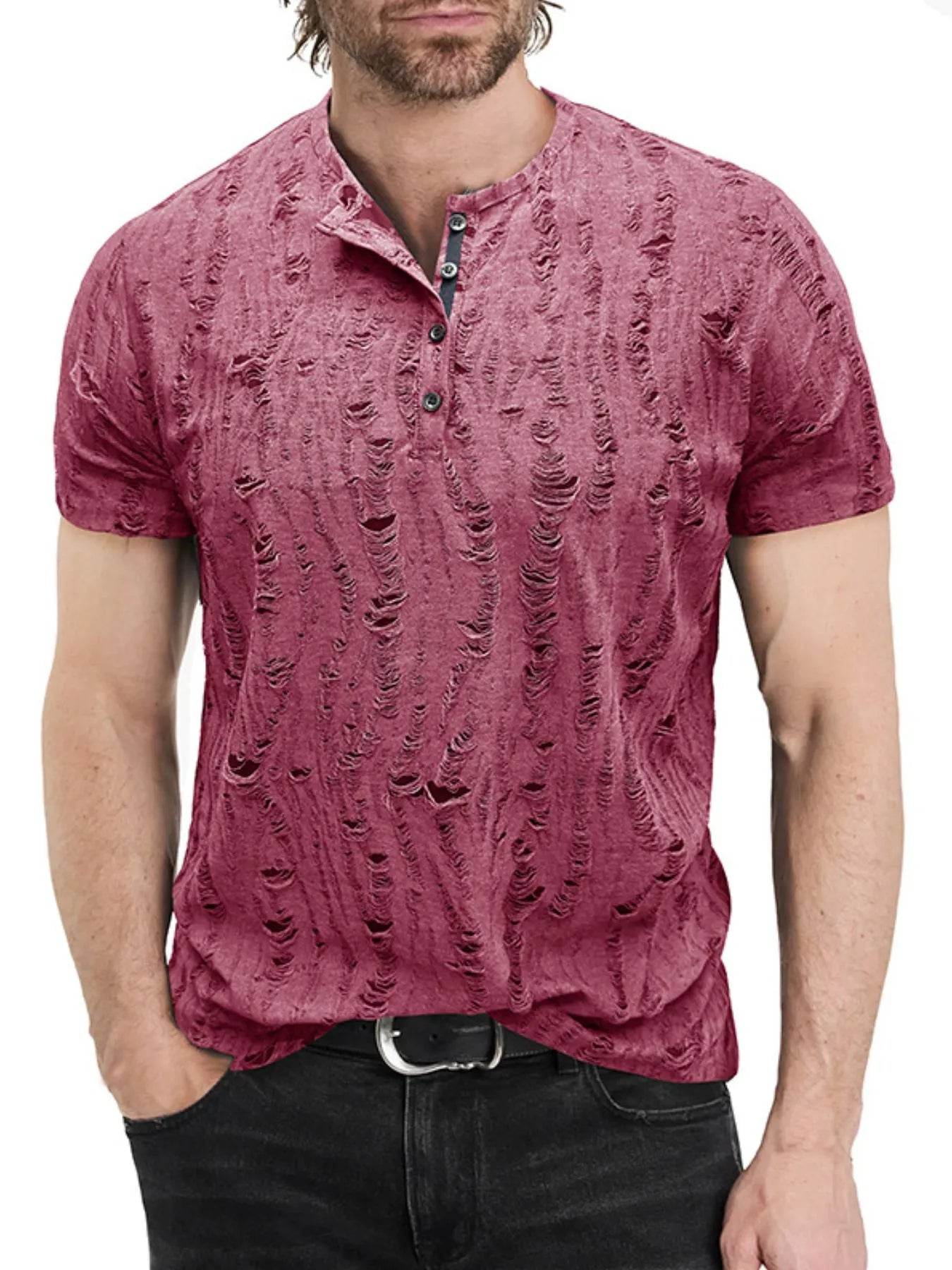Distressed Henley Short Sleeve Top - Purcell's Clothing Company