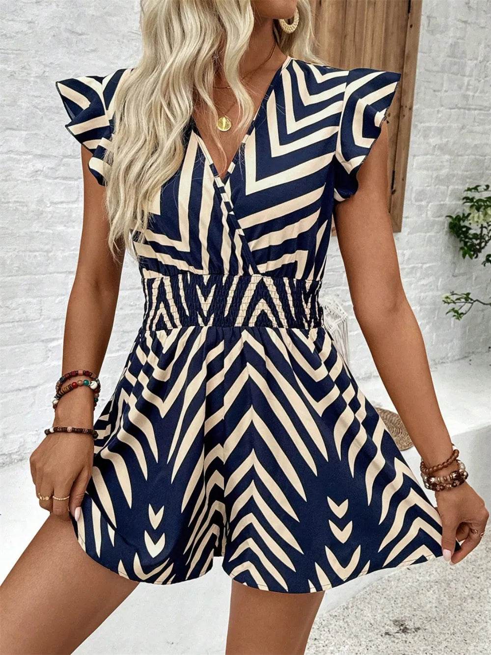 Printed Surplice Cap Sleeve Romper - Purcell's Clothing Company