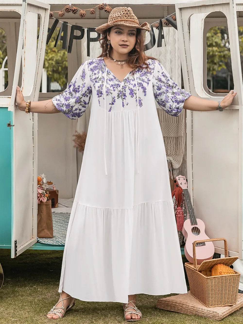 Plus Size Printed Tie Neck Half Sleeve Maxi Dress - Purcell's Clothing Company