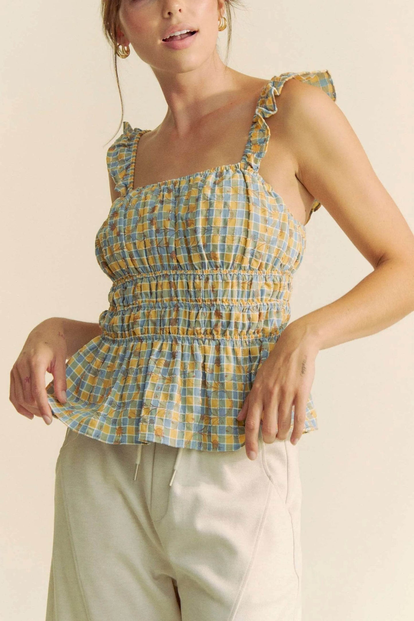 Davi & Dani Plaid Ruffled Strap Smocked Sleeveless Top - Purcell's Clothing Company