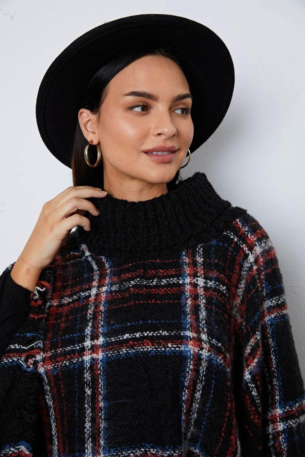 Shiny Turtleneck Plaid Raw Hem Sweater - Purcell's Clothing Company