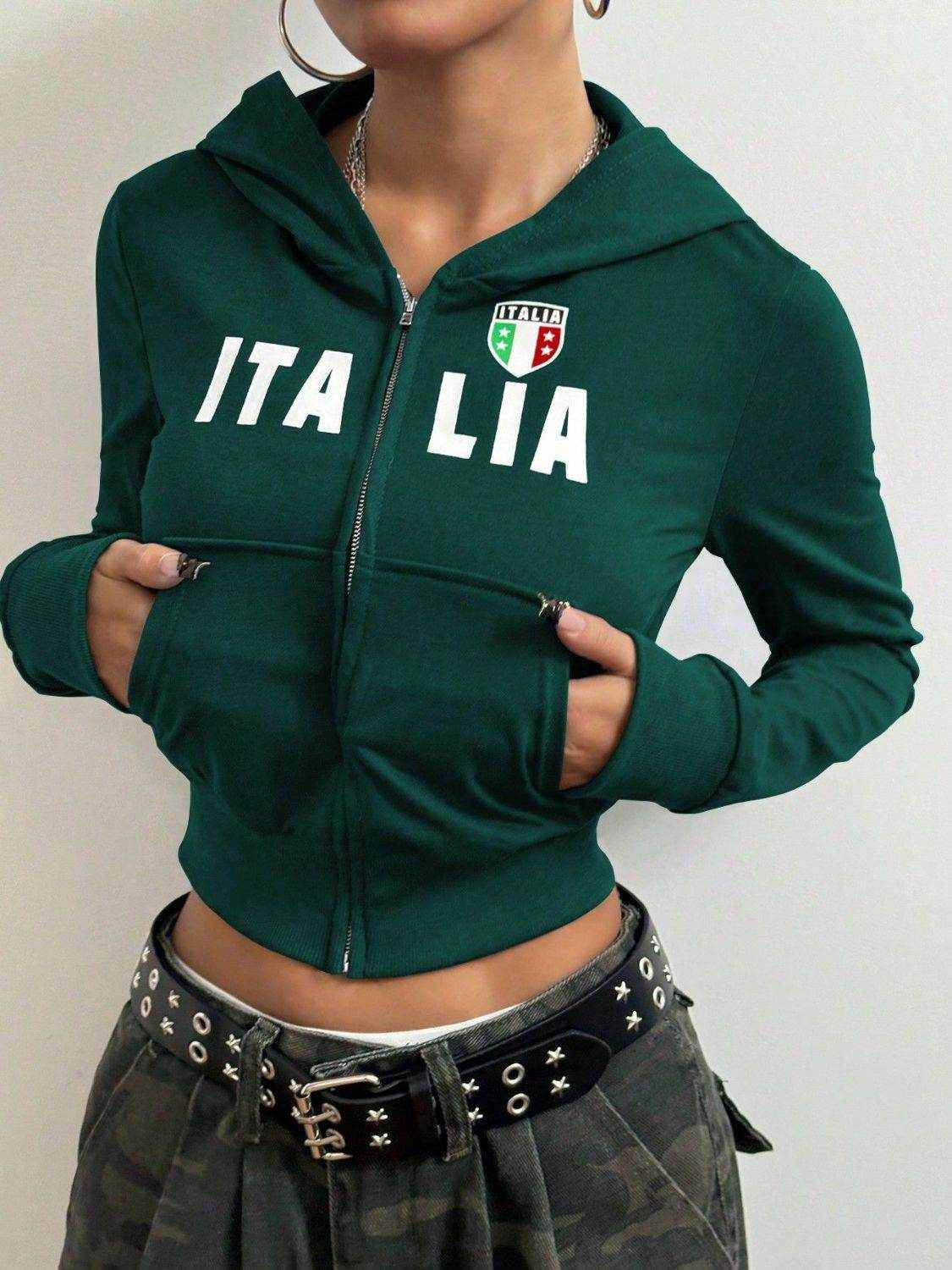 Letter Graphic Zip Up Long Sleeve Hoodie - Purcell's Clothing Company
