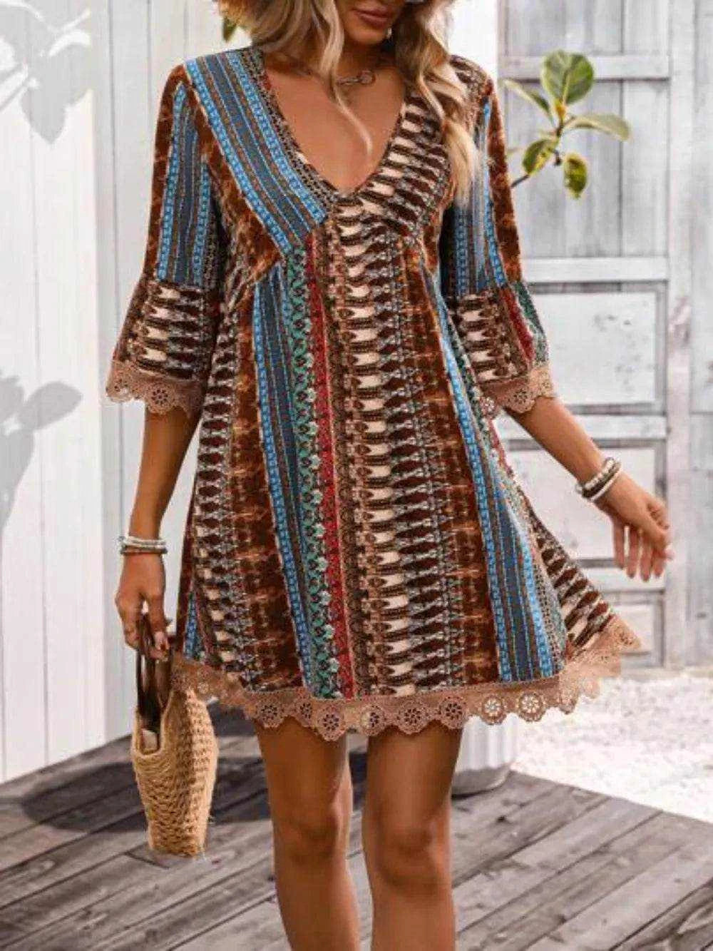 Lace Trim Printed V-Neck 3/4 Sleeve Dress - Purcell's Clothing Company