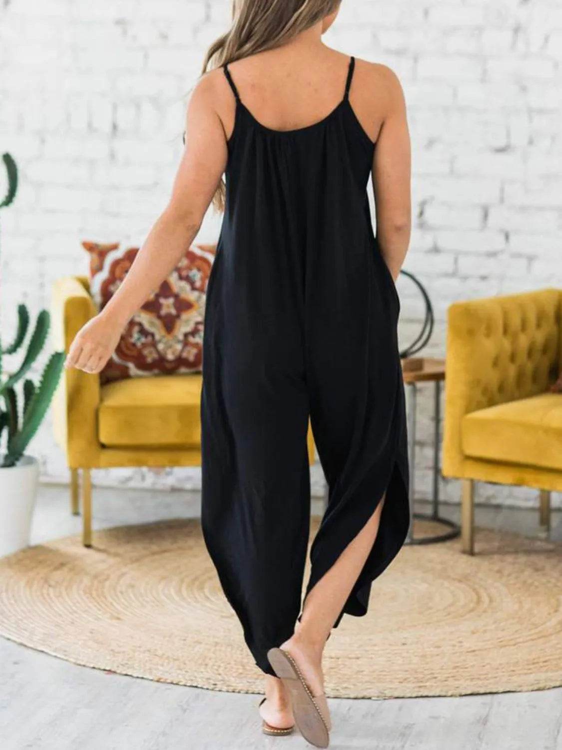Slit Spaghetti Strap Jumpsuit with Pockets - Purcell's Clothing Company