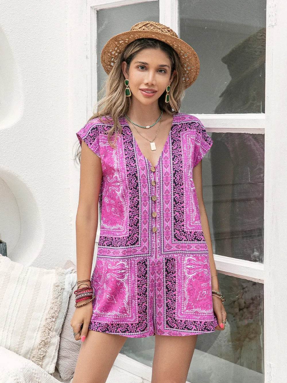 Printed V-Neck Cap Sleeve Romper - Purcell's Clothing Company
