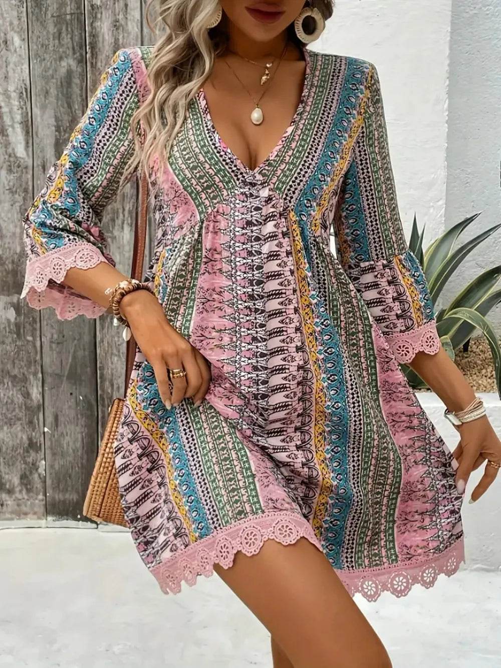 Lace Trim Printed V-Neck 3/4 Sleeve Dress - Purcell's Clothing Company