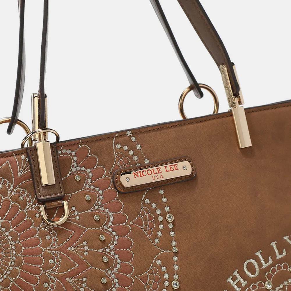 Nicole Lee USA Metallic Stitching Embroidery Inlaid Rhinestone Tote Bag - Purcell's Clothing Company