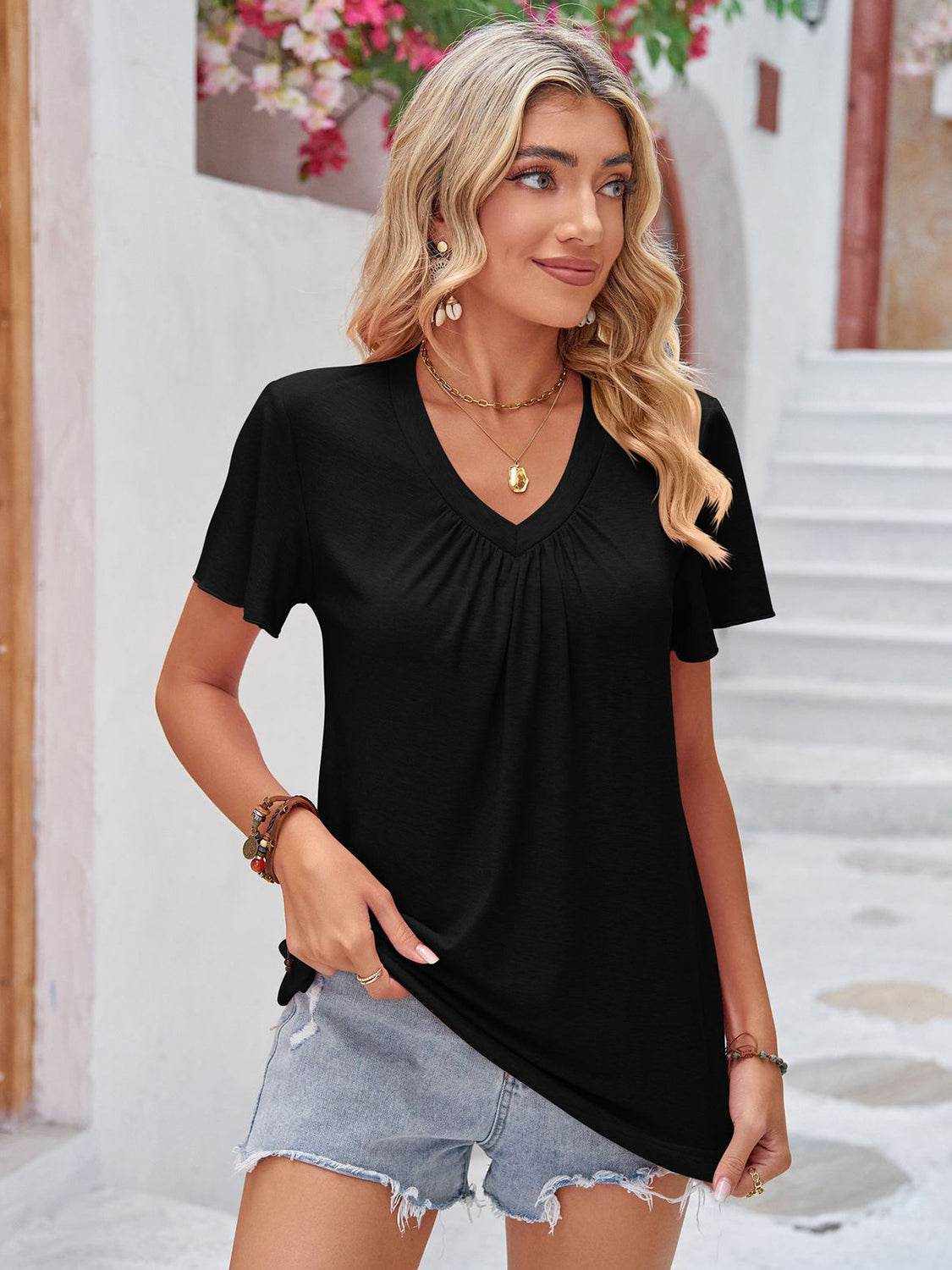 Double Take Ruched V-Neck Short Sleeve T-Shirt - Purcell's Clothing Company