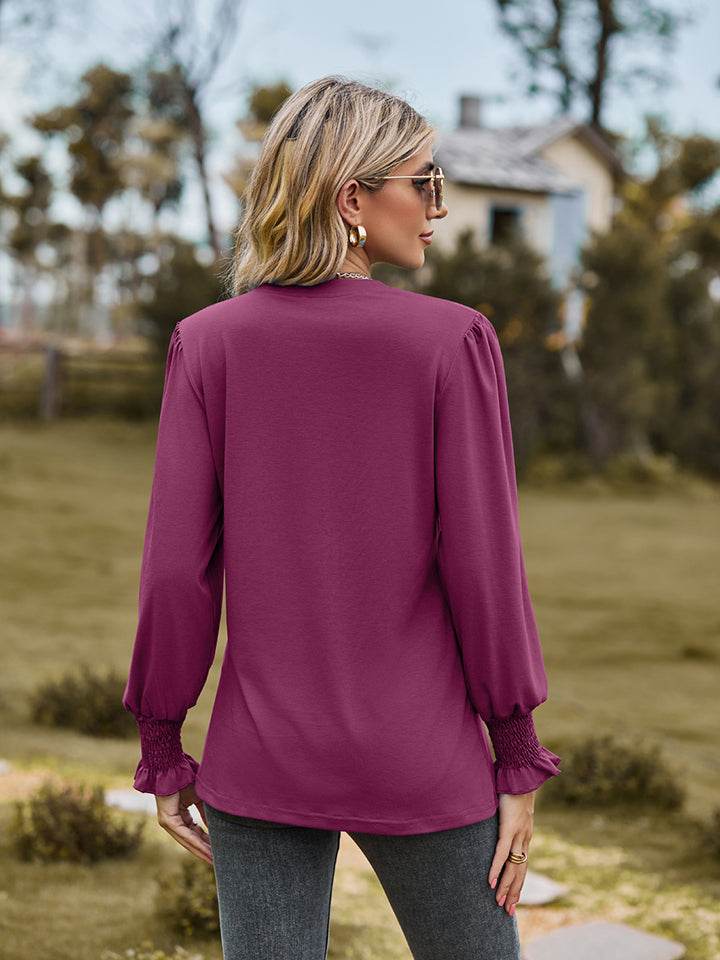 Notched Neck Flounce Sleeve Blouse - Purcell's Clothing Company