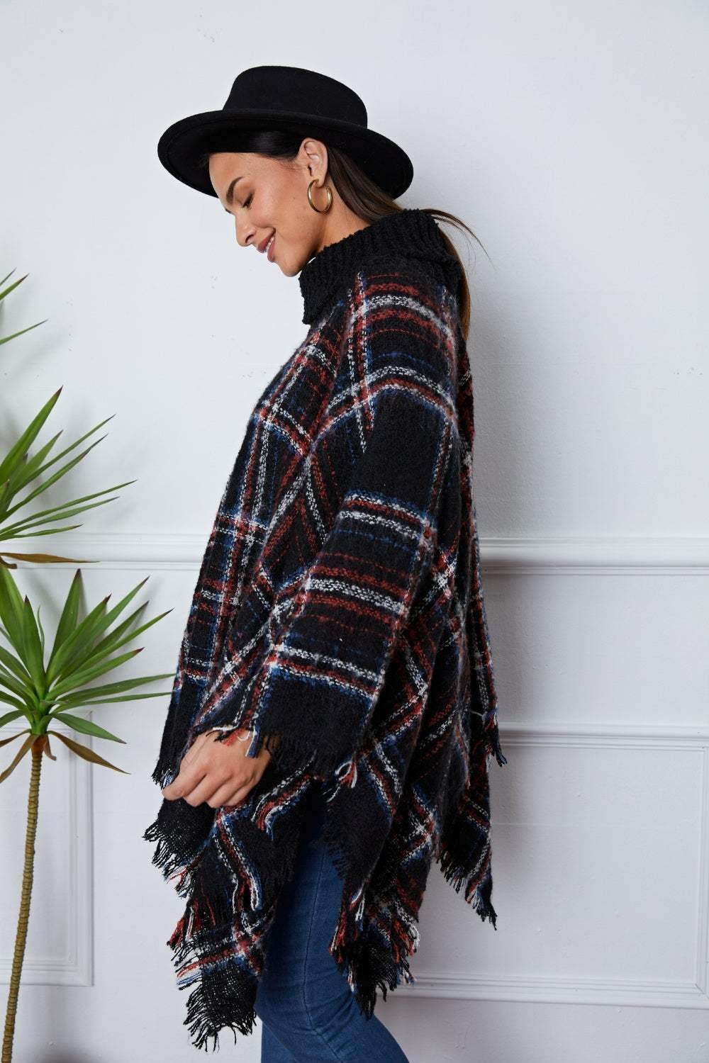Shiny Turtleneck Plaid Raw Hem Sweater - Purcell's Clothing Company