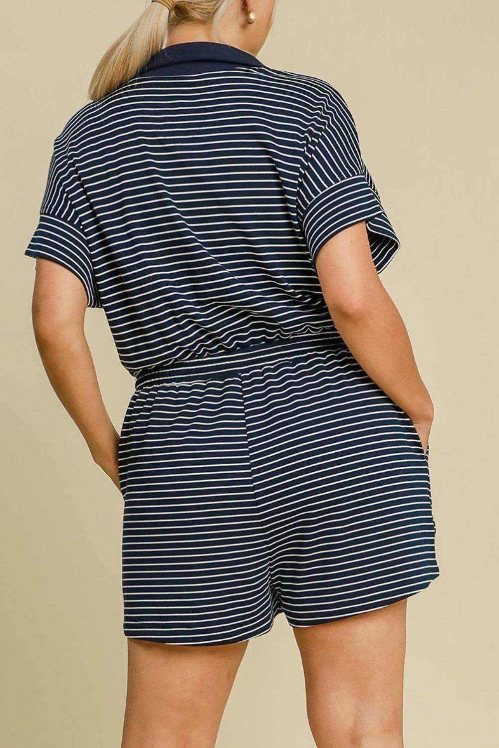 Umgee Full Size Half Zip Striped Romper Plus Size - Purcell's Clothing Company
