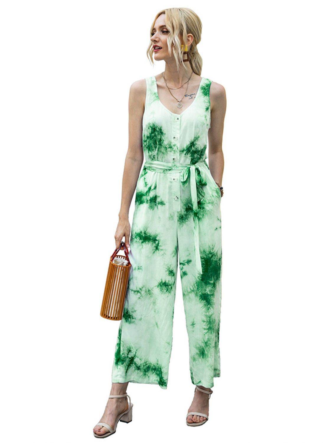 Ivy Lane Tie-Dye Tie Waist Sleeveless Jumpsuit - Purcell's Clothing Company
